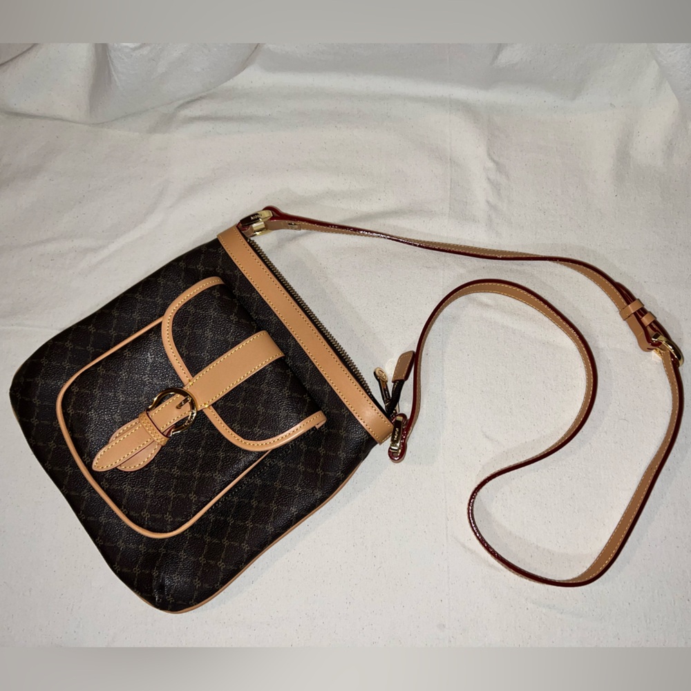 Rioni Brown and Tan Canvas Leather Crossbody Bag with Gold Accents